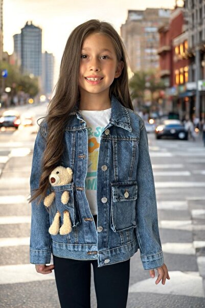 QUB CLUB Girl's Teddy Bear Denim Jacket with Pocket Detail and Button Closure...