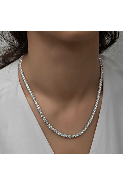 Genel Markalar Gümüş 3 mm Beyaz Taşlı Su Yolu Kadın Kolye