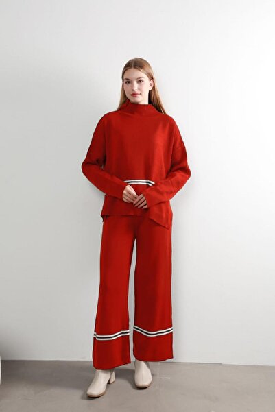 MAY MARA Women's Style Collar Striped Detailed 2-Piece Trousers Knitwear Set