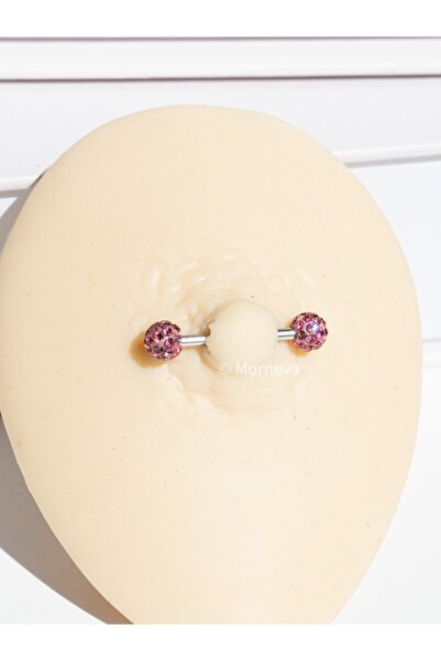 MORNEVA Renkli Şambala Kristal Çelik Meme Ucu Nipple Piercingi 1.6mm Bar 1 Adet (Pembe)
