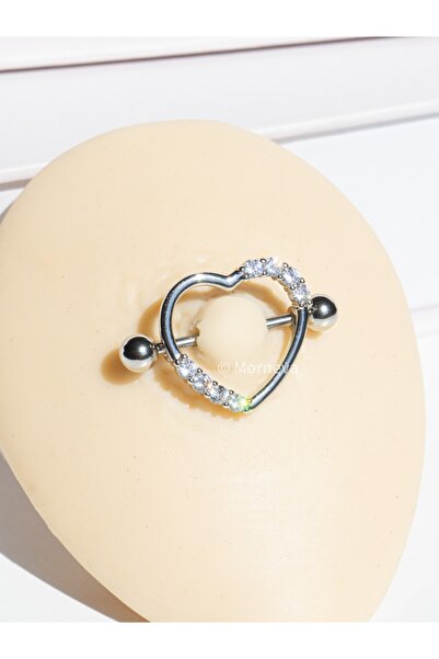 MORNEVA Minimal Taşlı Kalp Çelik Meme Ucu Nipple Piercingi 1.6mm Bar 1 Adet