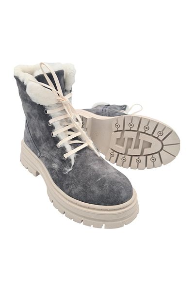 aayak&kabımofficial Gray Suede Genuine Leather - Women's Daily Boots with Lace-up and Zipper