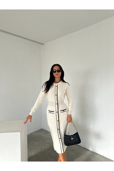 ABBA Πλεκτό Φόρεμα Μίντι Χρώμα Βανίλια - Πλήρης λαιμόκοψη
