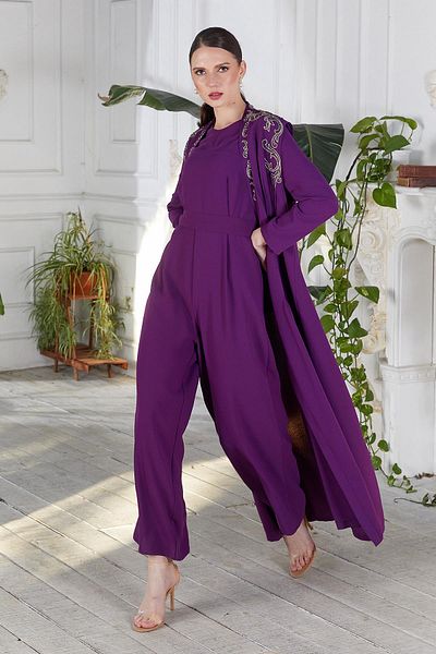 YAFA CLOTHING & ACCESSORIES Embroidered Jumpsuit Abaya Double Set Purple