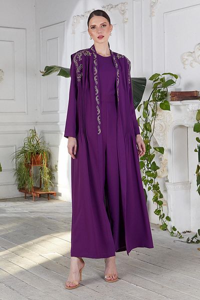 YAFA CLOTHING & ACCESSORIES Embroidered Jumpsuit Abaya Double Set Purple