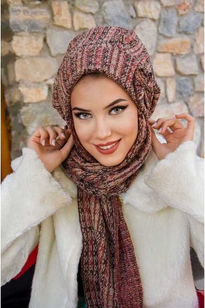 Aişe tesettür Brown Pattern Bow Hijab Beanie