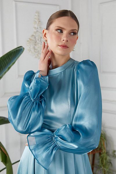YAFA CLOTHING & ACCESSORIES Turquoise Motif Balloon Sleeve under Skirt Dress