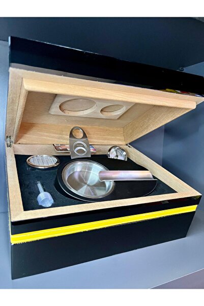 COHİBA Nem Ölçerli Hakiki Ahşap Puro Kutusu Lüks Humidor Set (Puro Makası, Pu...