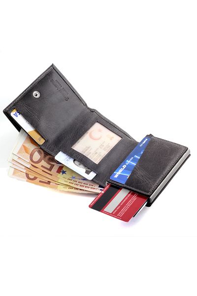 Ancora Leather Šedá pravá kůže - Crazy Mechanism Automatická pánská peněženka držák karet Maximální kapacita
