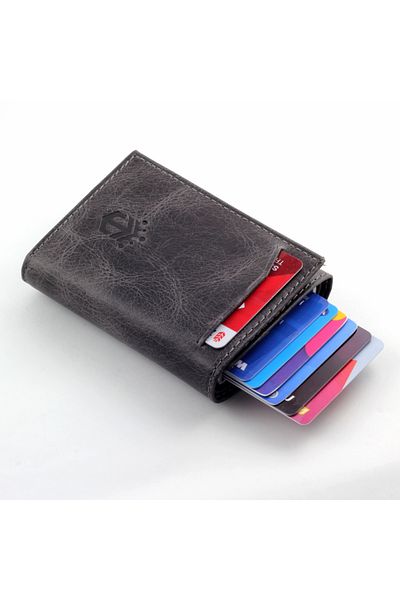 Ancora Leather Šedá pravá kůže - Crazy Mechanism Automatická pánská peněženka držák karet Maximální kapacita