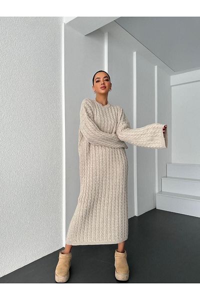 FLEX FASHION Δημοφιλές μοντέρνο μακρύ πλεκτό φόρεμα με μοτίβο με λαιμόκοψη
