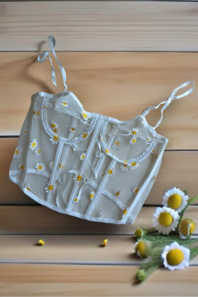 FASİON Kadın Papatya Desenli Büstiyer Siyah Tül Balenli Korse