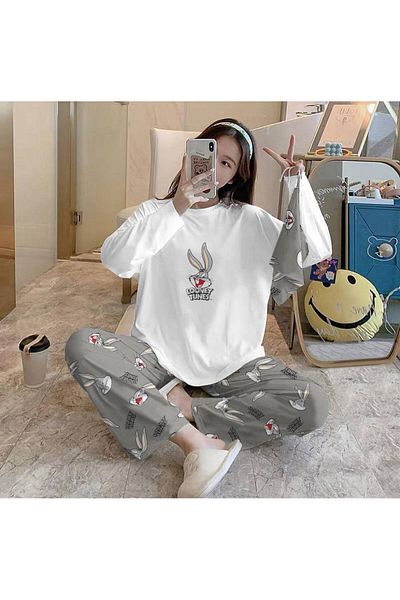 Cesur White Long Sleeve Women's Pajama Set - Supremsoft Combed Cotton, Buggs Buny Gray Bath