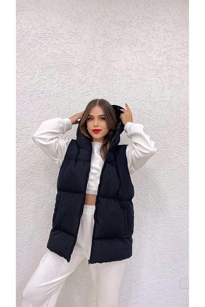 ByEsila Women's Puffy Vest with Hooded Detail