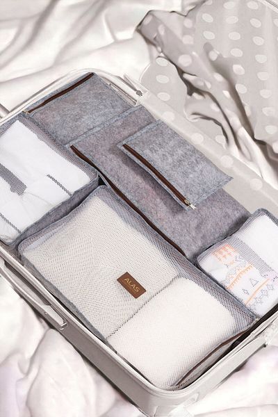 Silkyra 6 Piece Suitcase Organizer Set with Leather Handles - Luxury Gray Color