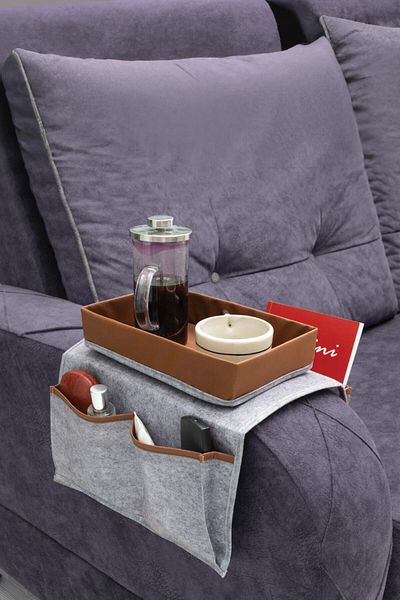 Silkyra Gray Colored Leather Felt Sofa Edge Organizer - 50X27X31Cm
