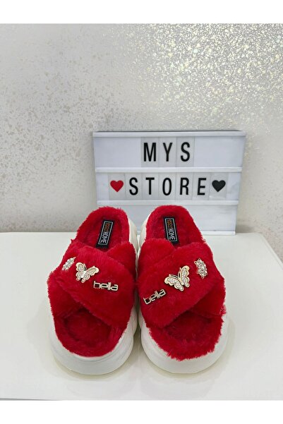Akınal Bella Kırmızı Taşlı Peluş Ev Terliği
