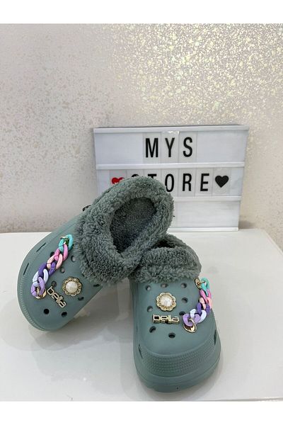 Akınal Bella Women's Stoned Chain Green Winter Slippers