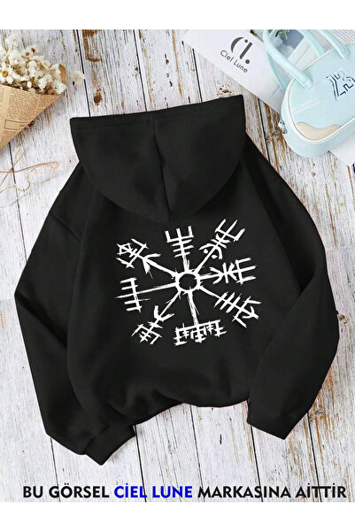 NEVERMIND Hanorac oversize unisex cu glugă cu imprimeu Viking Compass Vegvisi...