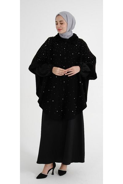 MODA MAÇKA PARK Zircon Stone and Pearl Detailed Knitwear Poncho Abaya - Design 02