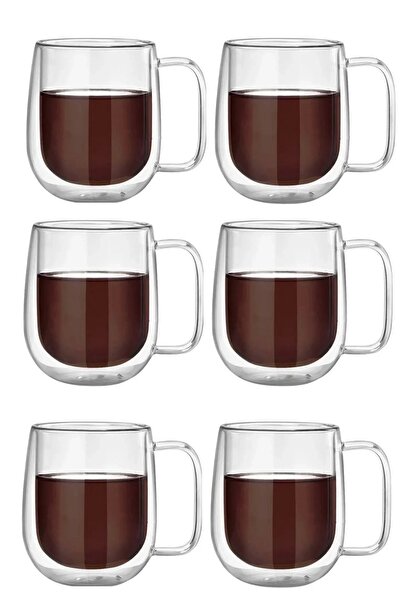 Berdina Home 6lı Çift Camlı Çift Cidarlı Cam Kupa 350 ml Ev Ofis Fincanı Çift Katlı Isı Yalıtımlı Kulplu Bardak