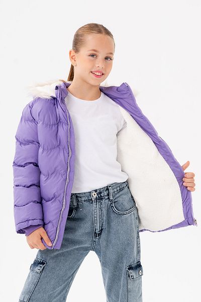 VODENS Girl's Thick Fur Water Repellent Lilac Coat with Fleece Underwear