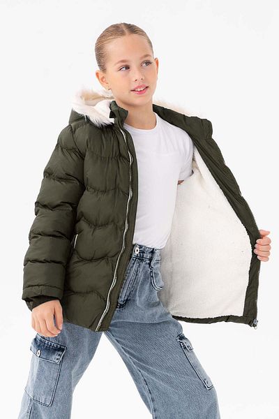 VODENS Girl's Thick Fur Water Repellent Khaki Coat with Fleece Inner