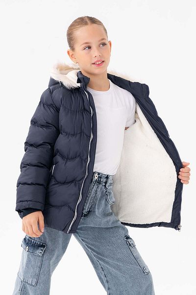 VODENS Girl's Water Repellent Dark Blue Coat with Fleece Underwear and Thick Shearling