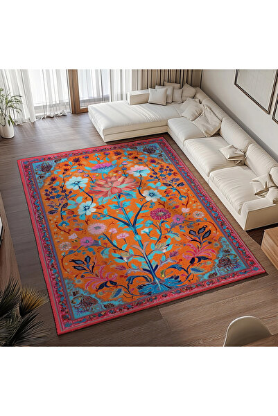 Rugs Modern Halı Nora Art 06 Turuncu Turkuaz Etnik Çiçekli Modern Dokuma Taba...