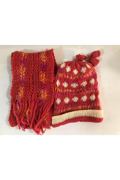 Hasyılmaz Women's Knitted Scarf Beanie Set Red