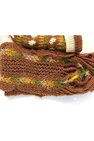 Hasyılmaz Women's Knitted Scarf Beanie Set Brown