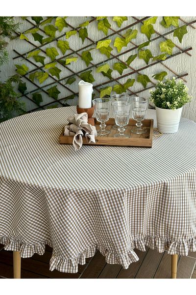 Decamor home Λινό μπεζ Gingham Frilly Carefree Stain Resistant Στρογγυλό Τραπεζομάντηλο