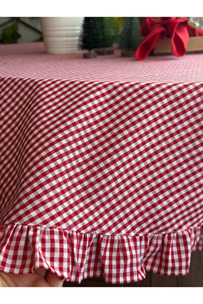 Decamor home Linen Red Gingham Frilly Care Free Stain Resistant Round Tablecloth