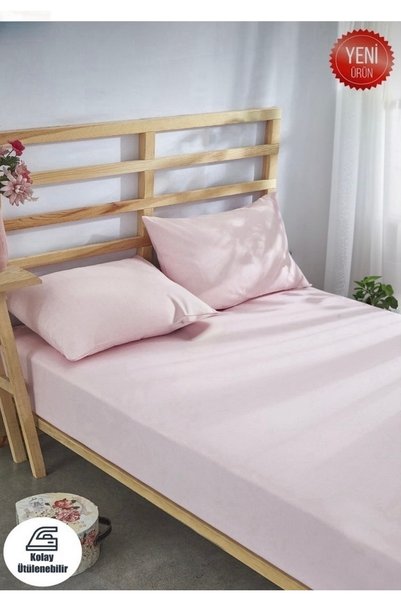 Sheri Home Tekstil Çift Kişilik Düz Pamuklu Çarşaf Takımı Toz Pembe180x200+30 King Size Fitted0012