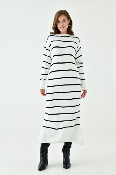 vuvutasarım Ecru Knitwear Hijab Dress - Side Slit, Crew Neck, Long Sleeve, Midi Length, Striped 1080