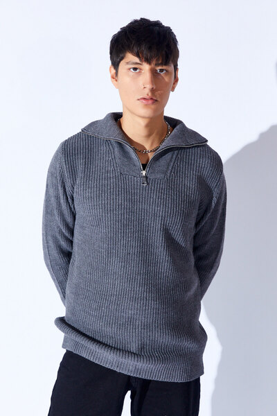 Manche Pulover pentru bărbați cu jumătate de fermoar supradimensionat cu model tricotat cu textura moale |   Antracit MANW 519913 -1