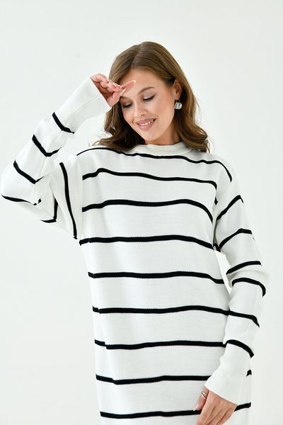 vuvutasarım Ecru Knitwear Hijab Dress - Side Slit, Crew Neck, Long Sleeve, Midi Length, Striped 1080