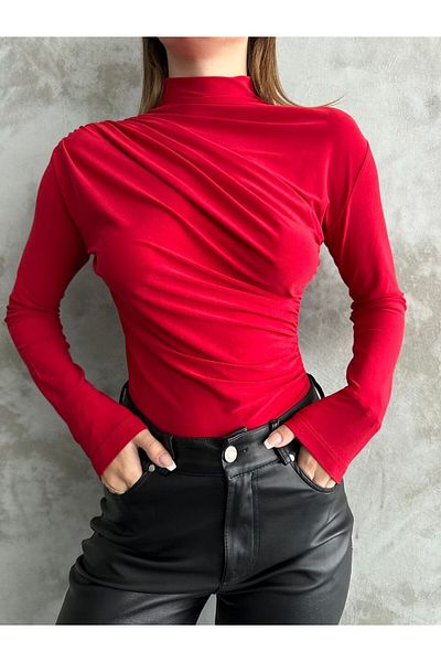 hiraz fashion Women's Red Sandy Fabric Shoulder and Waist Drawstring Blouse