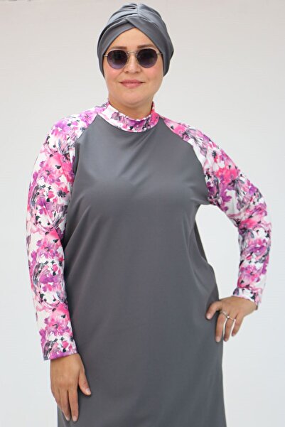 Eslina Μαγιό Hijab 1734 Plus Size Raglan - Ροζ/Γκρι