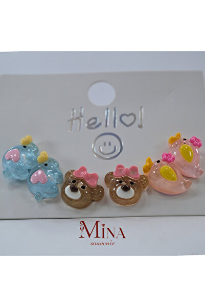 Mina Souvenir Children's - Adult Enamel Earrings 6 Pieces, Needle Parts Silver Colored, Figured Earrings