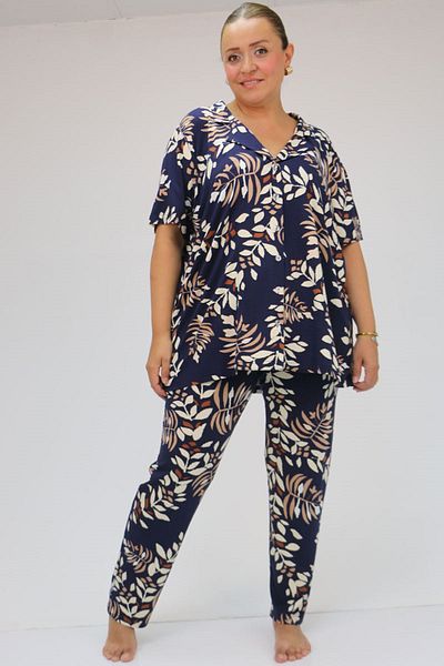 Eslina 37801 Large Size Navy Blue Viscose Pajama Set - Buttoned and Leafy