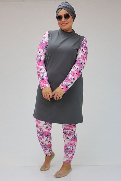 Eslina 1729 Model - Plus Size Pink and Gray Hijab Swimsuit Set