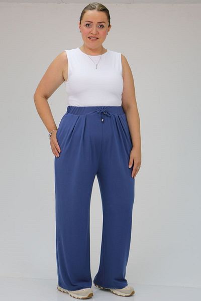 Eslina 49007 Large Size Indigo Sandy Trousers - Pleat Detailed