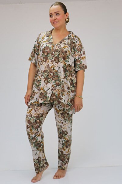 Eslina 37801 Viscose Pajama Set - Plus Size, Buttoned and Floral Patterned Beige-brown