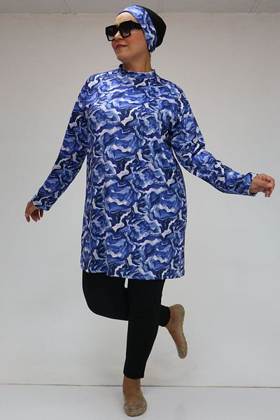 Eslina 1727 Plus Size Blue Wavy Long Sleeve Hijab Swimsuit Set