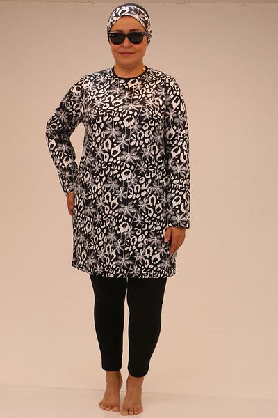 Eslina 1727 Model - Large Size Black Hijab Swimsuit Set, Long Sleeve and Leaf Pattern