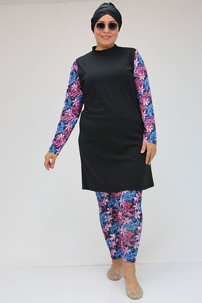 Eslina 1729 Plus Size Black Fuchsia Hijab Swimsuit Set - Long Sleeve