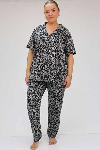 Eslina 37801 Plus Size Viscose Pajamas Set - Black-grey Wavy, Buttoned