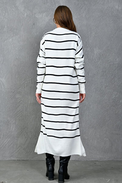 4S1B FASHION Crew Neck Long Sleeve Midi Size Oversize Striped Ecru Knitwear Hijab Dress 1080