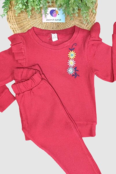 dinamik çocuk Girl's Sleeve Detailed Waffle Fabric Floral Embroidered 2 Thread Seasonal Set of 2